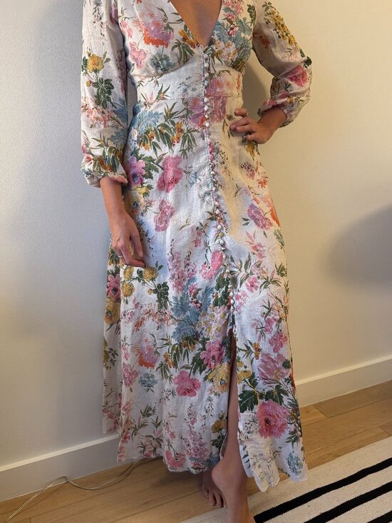 Zimmermann Cream Floral Print Long Sleeve Linen Maxi Dress 2 AU/ 8 US - Picture 2 of 10